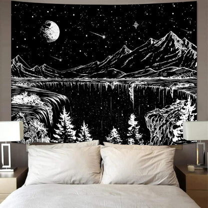 Zussun Black and White Tapestry Starry Night Mountain Tapestries for Bedroom Aesthetic Moon and Stars Tapastry's Wall Hanging Dark Nature Forest Wall Tapestry for Living Room Dorm (48'' × 36'')