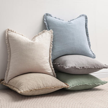 MIULEE Decorative Throw Pillow Covers Neutral Linen Fringe Throw Pillows Set of 2 Natural Beige Boho Farmhouse Cushion Covers with Tassels for Couch Sofa Bed Spring Home Decor 20x20 Inch