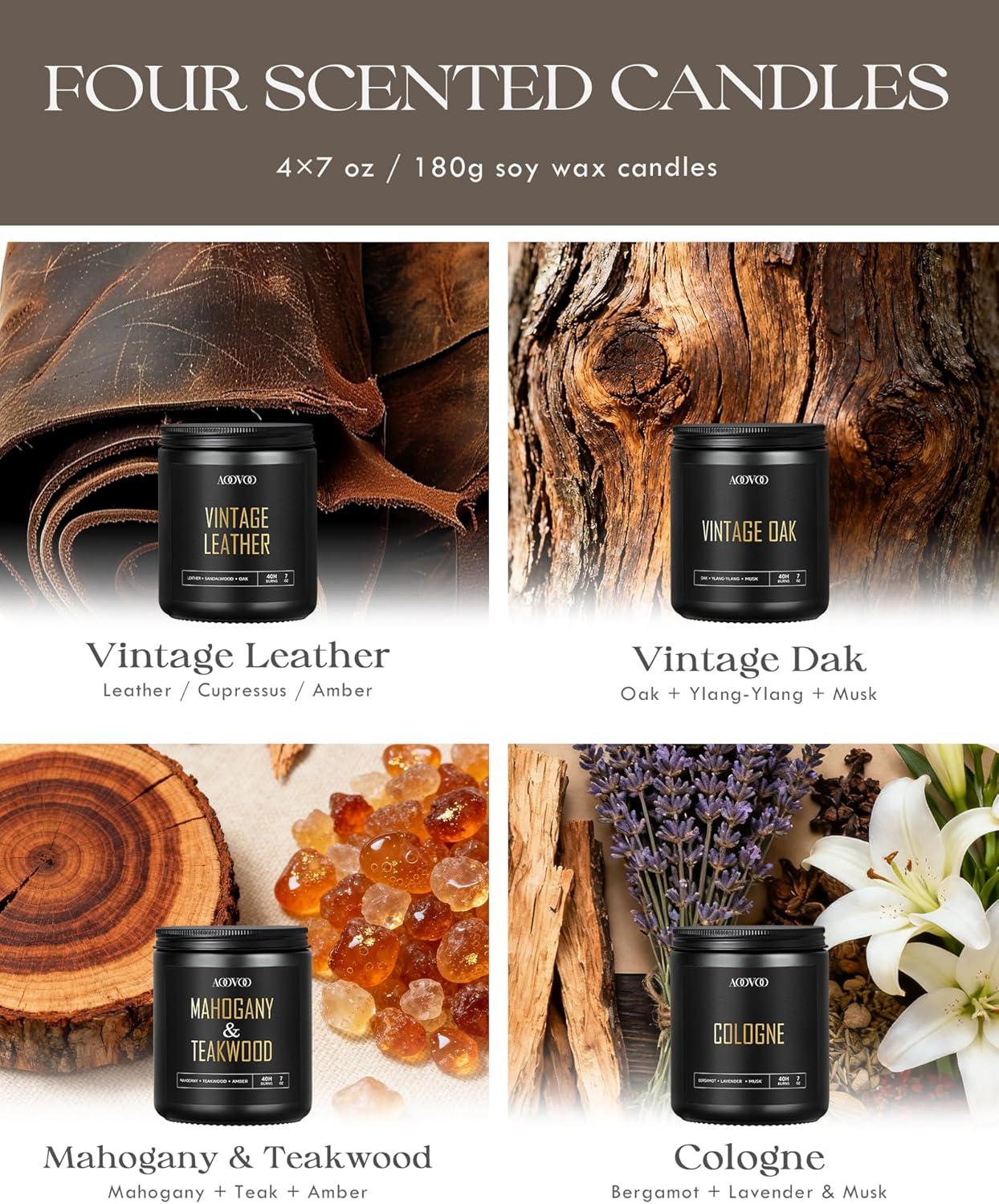 AOOVOO Scented Candles for Men - 4 Pack Candles for Home Scented, 36oz Soy Wax, 200 Hour Burn Time, Men Candle Set, Sandalwood Oud/Mahogany Teakwood/Smoke Vanilla/Jasmine Candle Set A