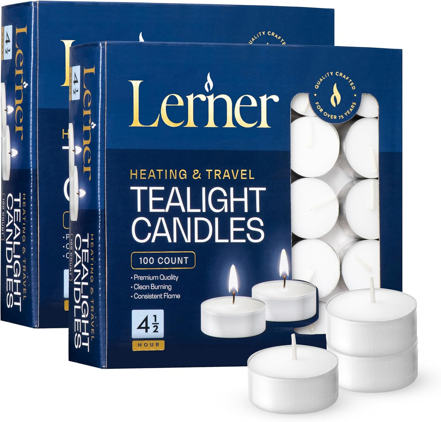 Lerner Tealight Candles, 50 Count| 4.5 Hours Long-Burning White Tea Light Candles| Non-Toxic, Smokeless & Soot-Free Tea Light Warmer Candles | Unscented Party, Décor, Shabbat Tea Candles
