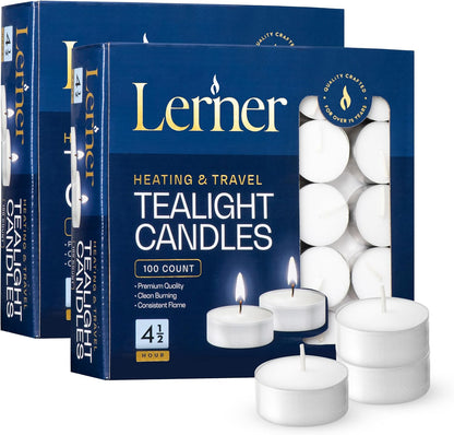 Lerner Tealight Candles, 50 Count| 4.5 Hours Long-Burning White Tea Light Candles| Non-Toxic, Smokeless & Soot-Free Tea Light Warmer Candles | Unscented Party, Décor, Shabbat Tea Candles
