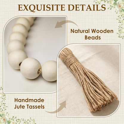 Buachois Farmhouse Beads 24in Wood Bead Garland with Tassels Rustic Country Decor Prayer Wall Hanging Bead Decoration for Gifts Ornamen