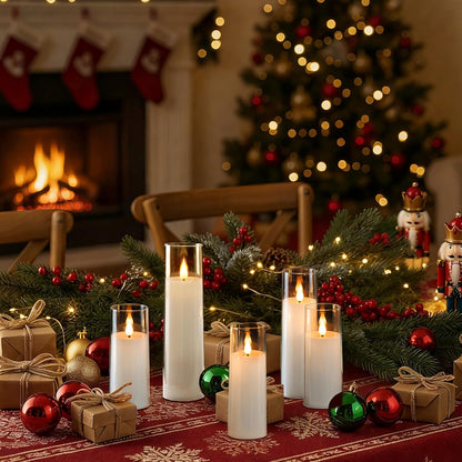 Amagic Pure White Flameless Candles, Battery Operated Candles, Acrylic Flickering LED Pillar Candles with Remote Control and Timer, 3D Wick, Yellow and Blue Glow, D2.2 xH5 5" 6" 7" 8", Set of 5