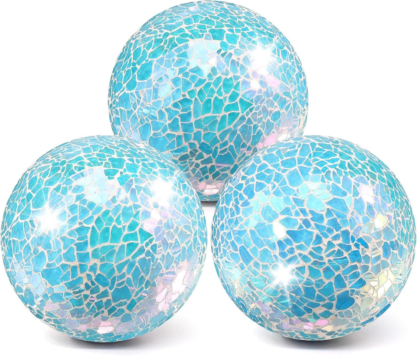 3Pcs Mosaic Glass Orbs Decorative Balls Set 8.5cm/3.35inch Blue Sphere Wedding Party Home Decor Table Centerpiece