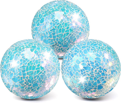 3Pcs Mosaic Glass Orbs Decorative Balls Set 8.5cm/3.35inch Blue Sphere Wedding Party Home Decor Table Centerpiece