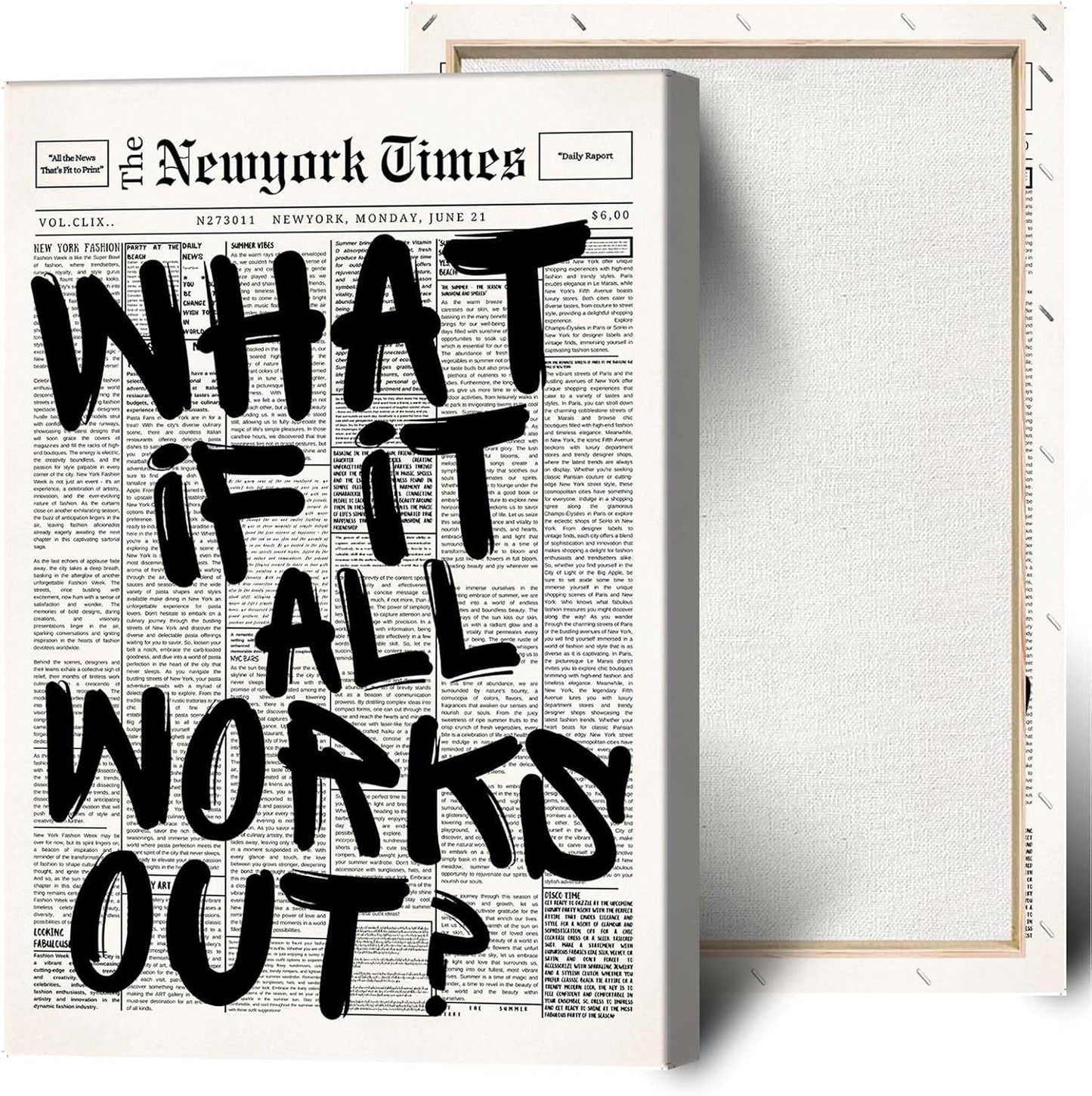 Retro Black And White Newspaper Poster What If It All Works Out Canvas Wall Art Positive Affirming Quote Minimalist Prints Painting For Home Bedroom Dorm Wall Decor 12x16in Unframed