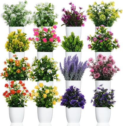Cindeer 16 Pcs Small Fake Plants Artificial Potted Plants Faux House Plant Mini Pot Plastic Flowers for Indoor Outdoor Home Kitchen Office Desktop Wedding Decor