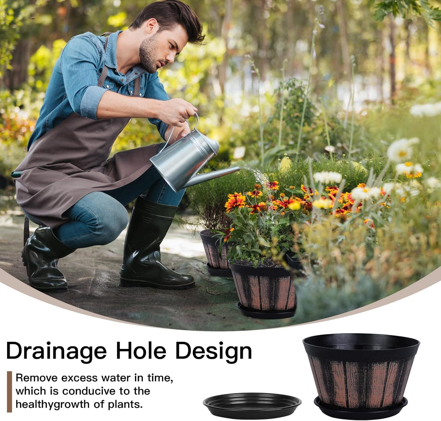 Quarut 3 Pack 10 inch Plant Pots,Whiskey Barrel Planters with Drainage Holes & Saucer, Plastic Decoration Flower Pots Imitation Wine Barrel Design, for Indoor & Outdoor Garden Home Plants (Brown)