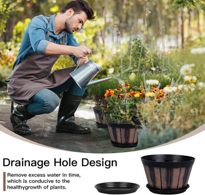 Quarut 3 Pack 10 inch Plant Pots,Whiskey Barrel Planters with Drainage Holes & Saucer, Plastic Decoration Flower Pots Imitation Wine Barrel Design, for Indoor & Outdoor Garden Home Plants (Brown)