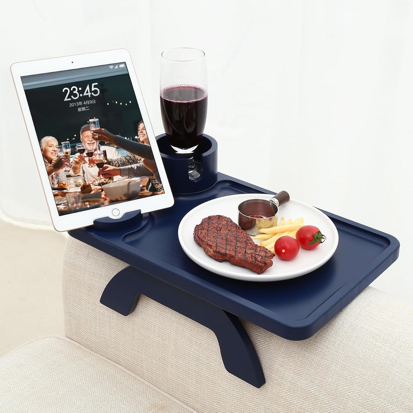 Nnewvante Couch Cup Holder Tray, 3 in 1 Large 15.36"x9.85" Acacia Wood Sofa Arm Clip on Tray Table with 360°Rotated Phone Holder on Armrest