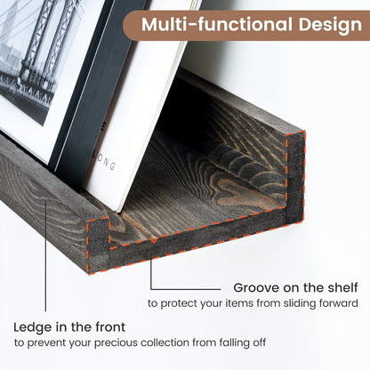 FLYJOE Picture Ledge Shelf, Floating Shelves Set of 2, Solid Pine Wood 55'' Long Large Nursery Book Shelves for Toys Storage, Kids Bookshelf for Living Room Bedroom Decor Books Photo Frames, Walnut