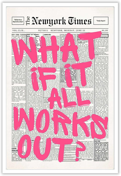 Retro Black And White Newspaper Poster What If It All Works Out Canvas Wall Art Positive Affirming Quote Minimalist Prints Painting For Home Bedroom Dorm Wall Decor 12x16in Unframed