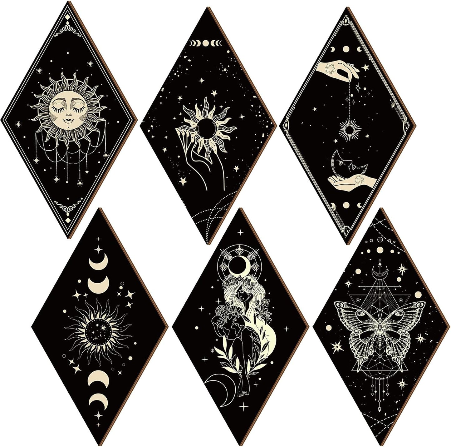 Sintuff 6 Pieces Gothic Wall Decor Boho Sun Moon Phases Wall Art Gothic Minimalist Stars Sun Hanging Wooden Home Decor Farmhouse Pediments for Gallery Living Bedroom Room(Mushroom)