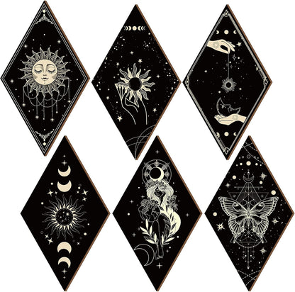 Sintuff 6 Pieces Gothic Wall Decor Boho Sun Moon Phases Wall Art Gothic Minimalist Stars Sun Hanging Wooden Home Decor Farmhouse Pediments for Gallery Living Bedroom Room(Mushroom)