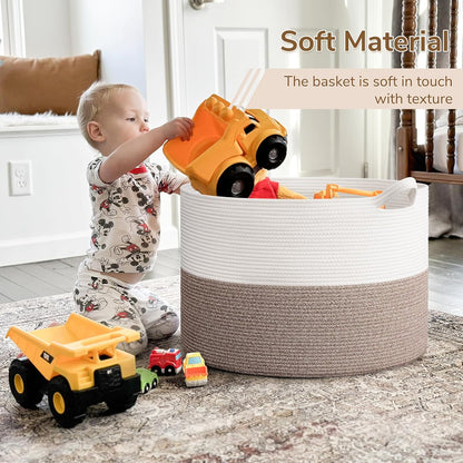 INDRESSME XXXLarge Blanket Basket for Living Room 21.7" x 21.7" x 13.8"-Storage Basket with Handle for Organizing Toy Pillows Woven Cotton Rope Laundry Basket Stuffed Animal Toy Storage for Play Room