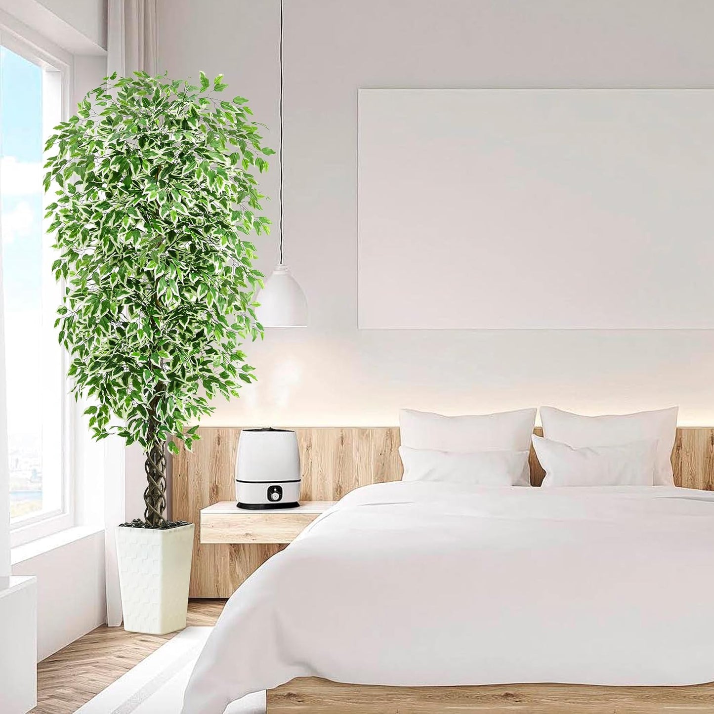 Artificial Ficus Tree 6FT Faux Plants Indoor Tall Fake Plants with White Planter, Green Lifelike Lush Fake Ficus Tree for Home Living Room Bedroom Outdoor Balcony House Office Decor