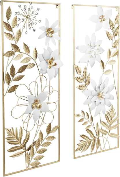 Deco 79 Metal Floral Home Wall Decor Wall Sculpture with Gold Frame, Set of 2 Wall Art 14"W, 35"H, Gold