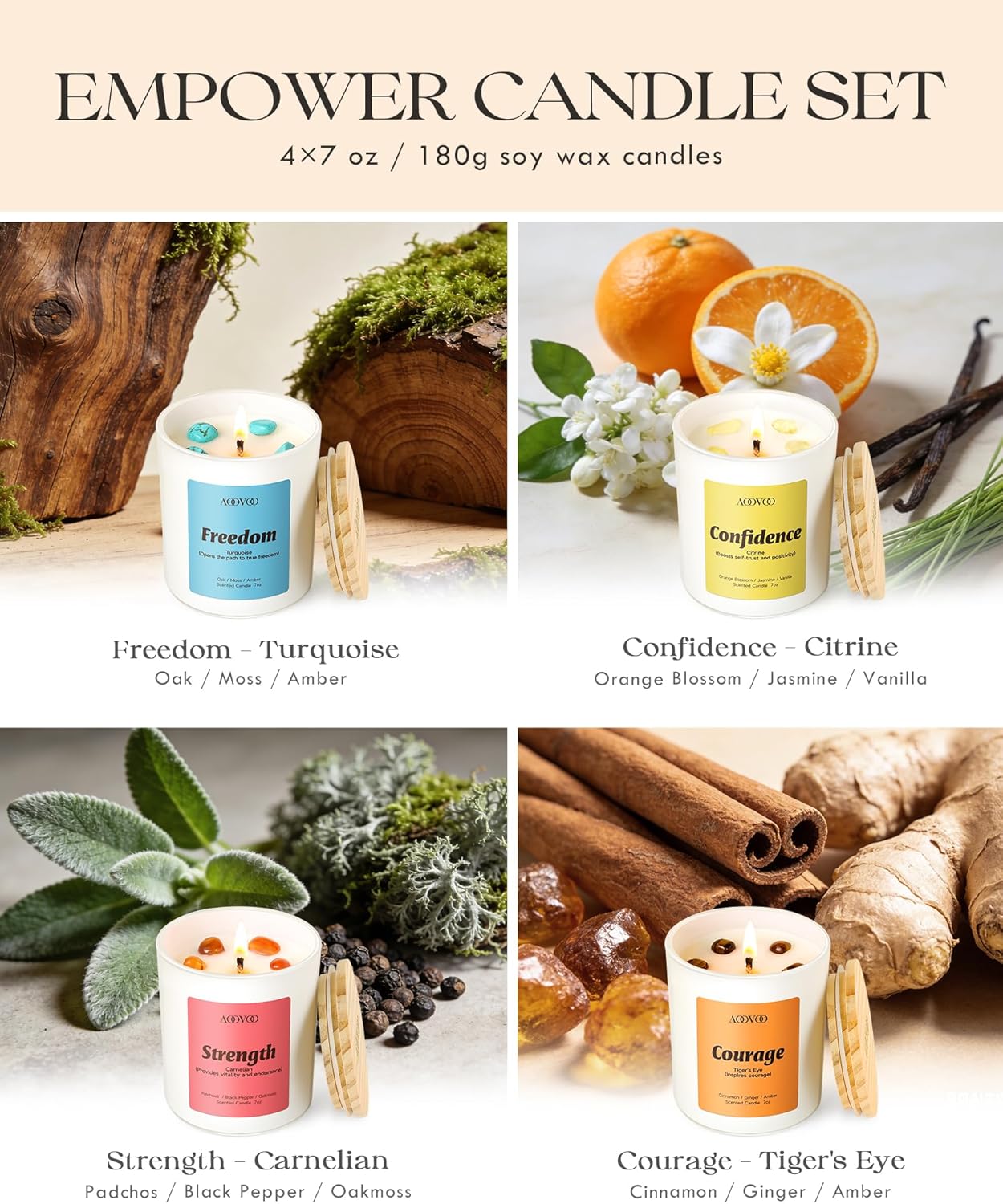 AOOVOO Calm Candles Set for Women - 4 Pack Candles for Home Scented, 28 oz 200 Hour Burn, Aromatherapy Candle with Crystals, Lavender Calm/Jasmine Serenity/Water Lily Pear Harmony/Patchouli Balance