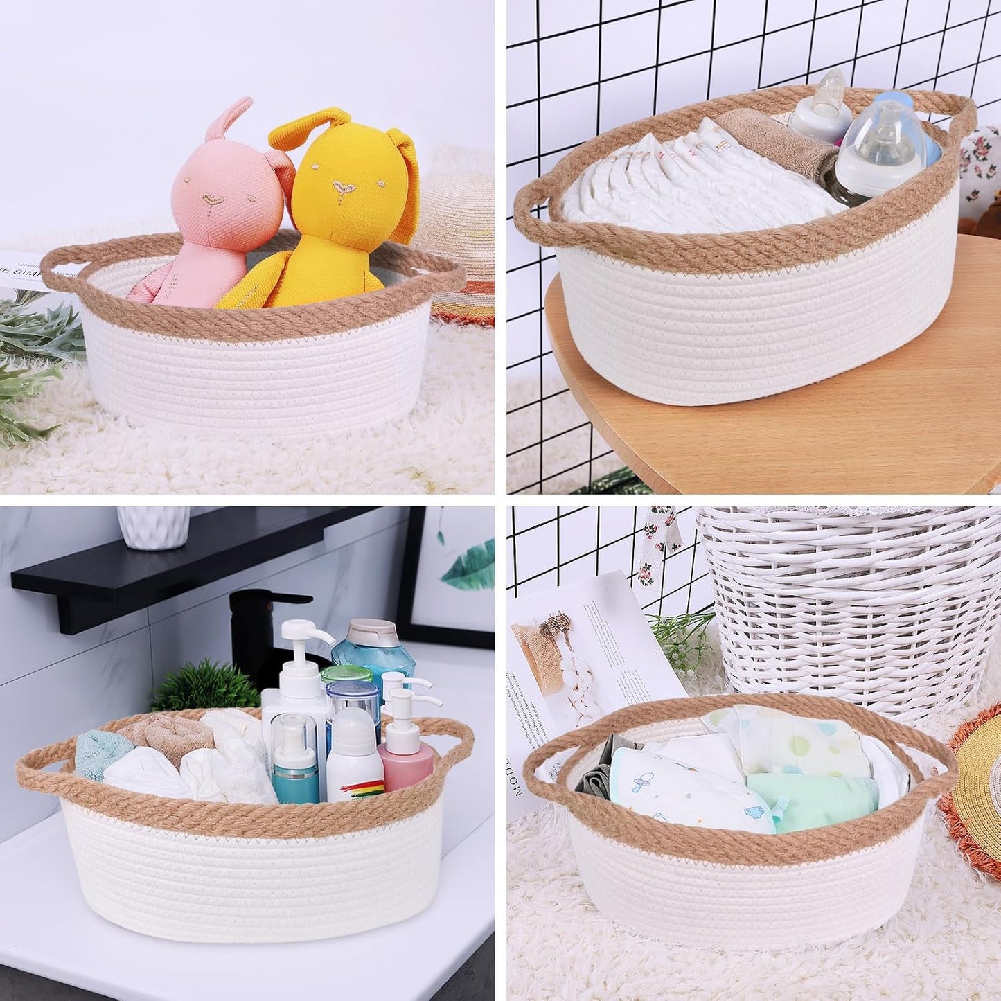ABenkle Small Basket with Handles, Boho Decorative Rope Woven Dog Cat Toy Storage Bin Shelf Storage Organizer, Easter Christmas Gift Basket, 12"x8"x5", White