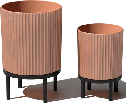 Veradek Demi Series Round Planter w/ Stand for Porch/Patio | Durable Plastic-Concrete & Wooden Stand | Modern Décor for Tall Plants, Flowers
