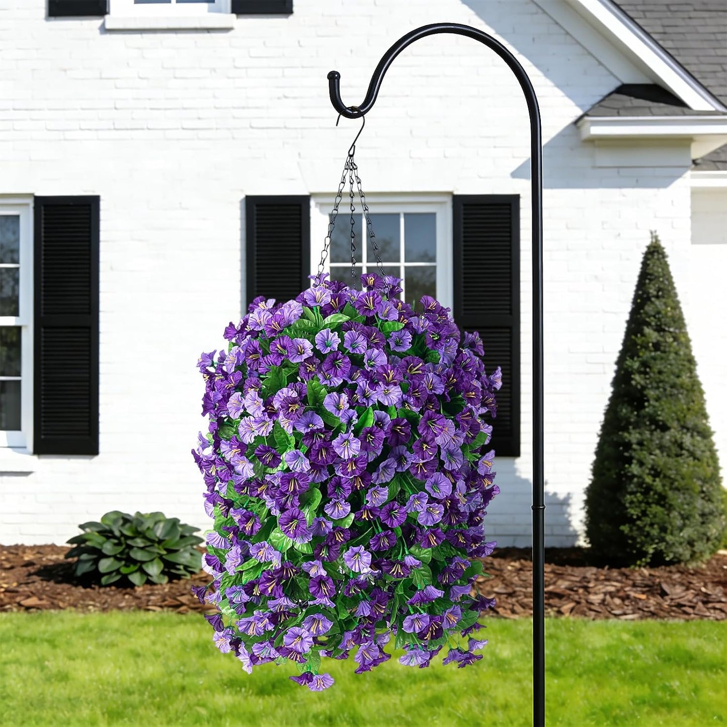 INXUGAO Artificial Flowers with Hanging Basket, Outdoor Faux Plants Silk Morning Glory Vines, Fake Green Arrangement for Garden Patio Spring Summer Decor(4pcs,Darkorchid)