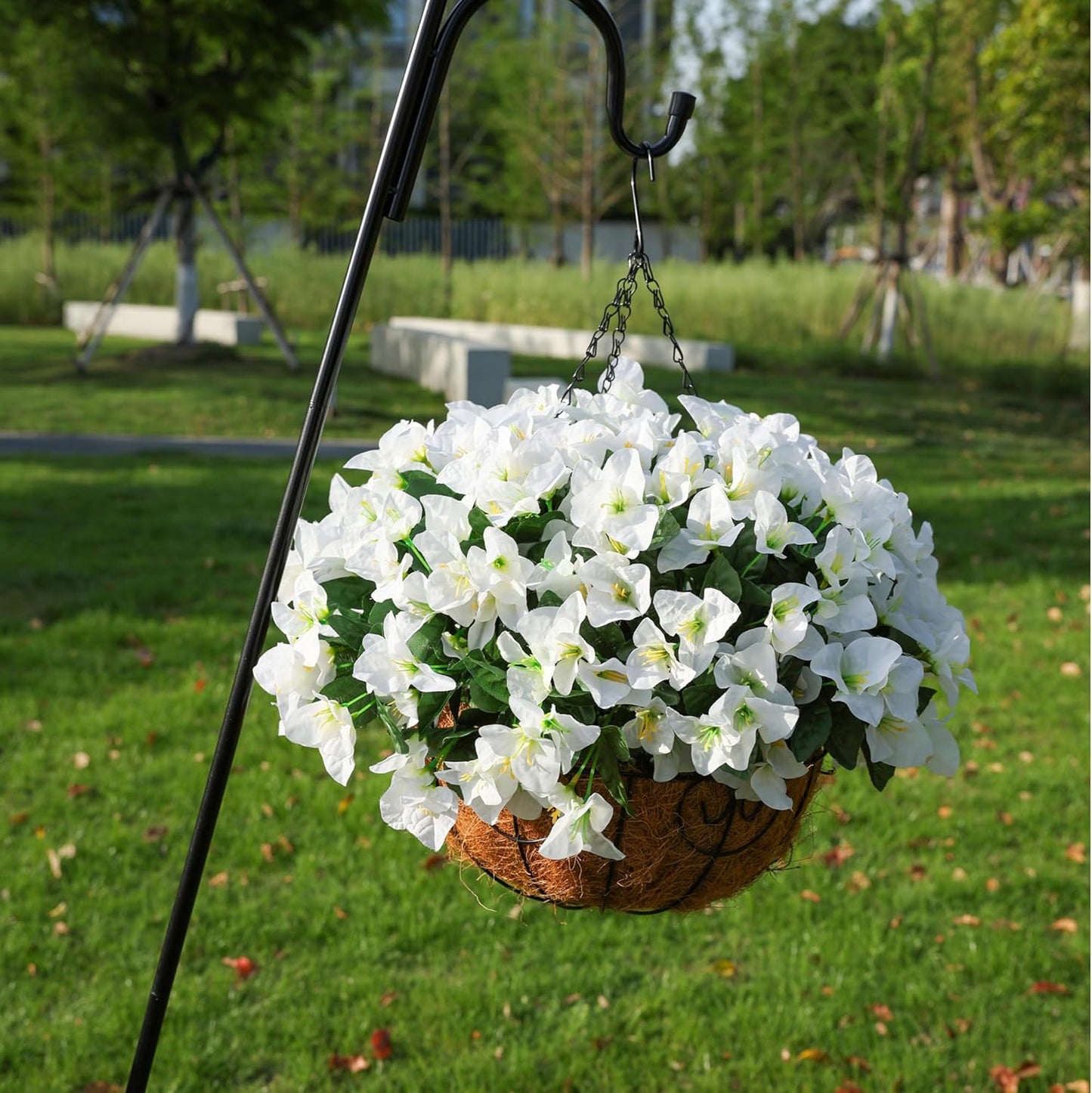 Artificial Hanging Flowers Faux Plants Basket for Outdoors Spring Summer Decor, Fake Silk Bougainvillea in Planter Outdoor Look Real UV Resistant Faux Flower for Outside Porch Patio Garden Home, White
