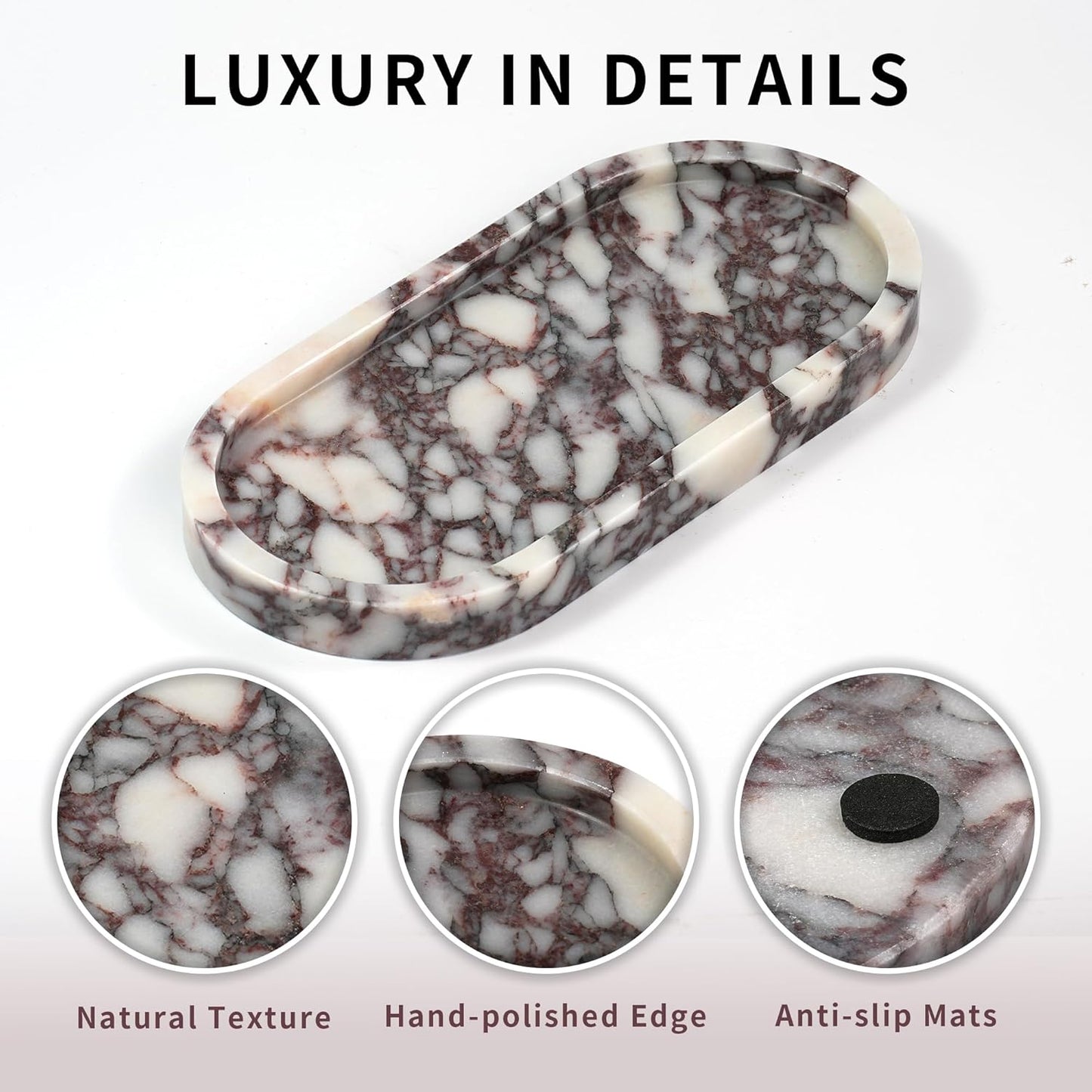 Marble Perfume Tray with Legs - Oval Decorative Stone Pedestal for Bathroom Vanity Coffee Table Kitchen Countertop, Footed Jewelry Candle Organizers Catchall Plate Riser with Scalloped Feet