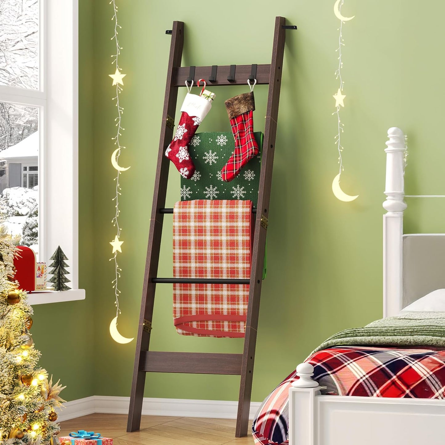 Hzuaneri Blanket Ladder for Living Room, Decorative Quilt Rack with 4 Removable Hooks, 5-Tier Farmhouse Ladder Holder Shelf Organizer for Bedroom, Rustic Brown and Black 02101BBR