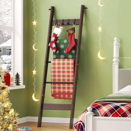 Hzuaneri Blanket Ladder for Living Room, Decorative Quilt Rack with 4 Removable Hooks, 5-Tier Farmhouse Ladder Holder Shelf Organizer for Bedroom, Rustic Brown and Black 02101BBR
