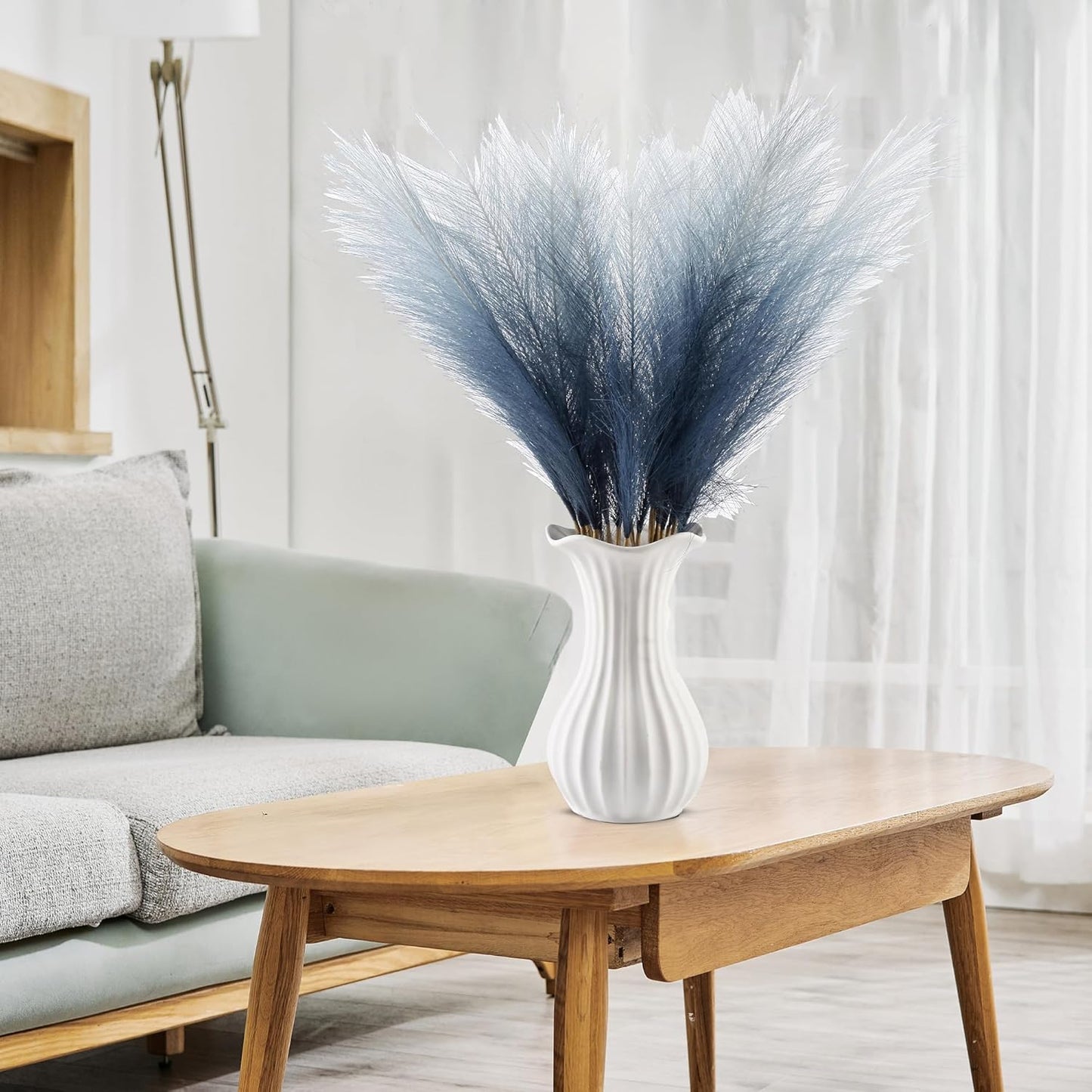 20Pcs Navy Blue Gradient and White Faux Pampas Grass Decor, 21.7"" Pompas Grass Flower Arrangement and Vase Filler for Boho Home Wedding Decoration, Black
