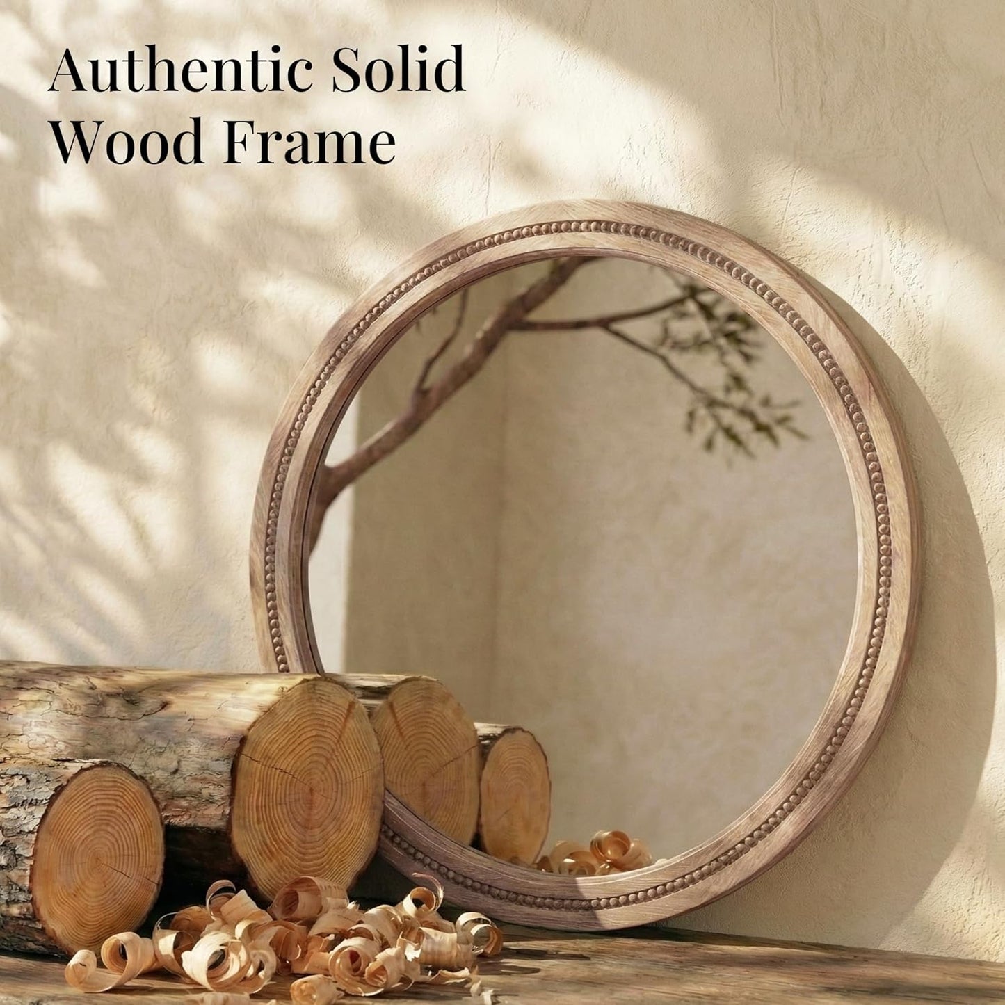 30" Round Solid Wood Mirror for Bathroom Vanity, Handcrafted Beaded Circle Wall Mirror - Natural Boho Farmhouse Decor for Entryway & Bedroom