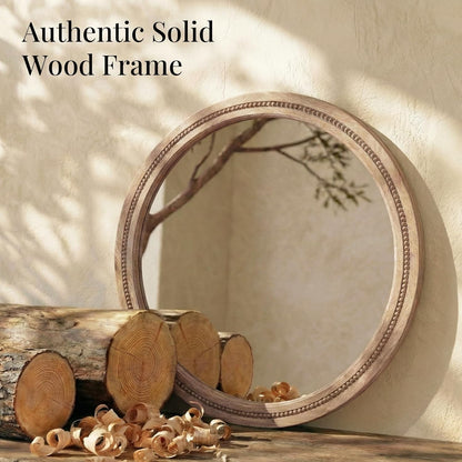 30" Round Solid Wood Mirror for Bathroom Vanity, Handcrafted Beaded Circle Wall Mirror - Natural Boho Farmhouse Decor for Entryway & Bedroom