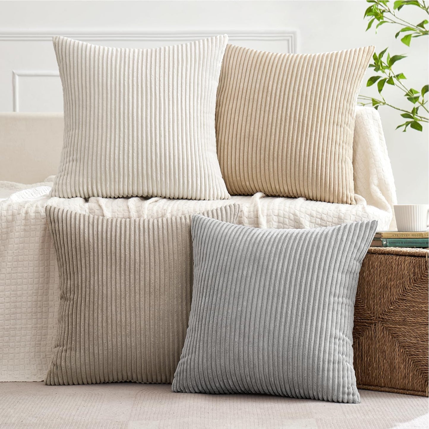 MIULEE Boho Farmhouse Sage Green Throw Pillow Covers 18x18 Inch Set of 4 Mordern Nordic Cushion Covers Soft Corduroy Spring Home Decor for Couch Bed Sofa Living Room Forest Green