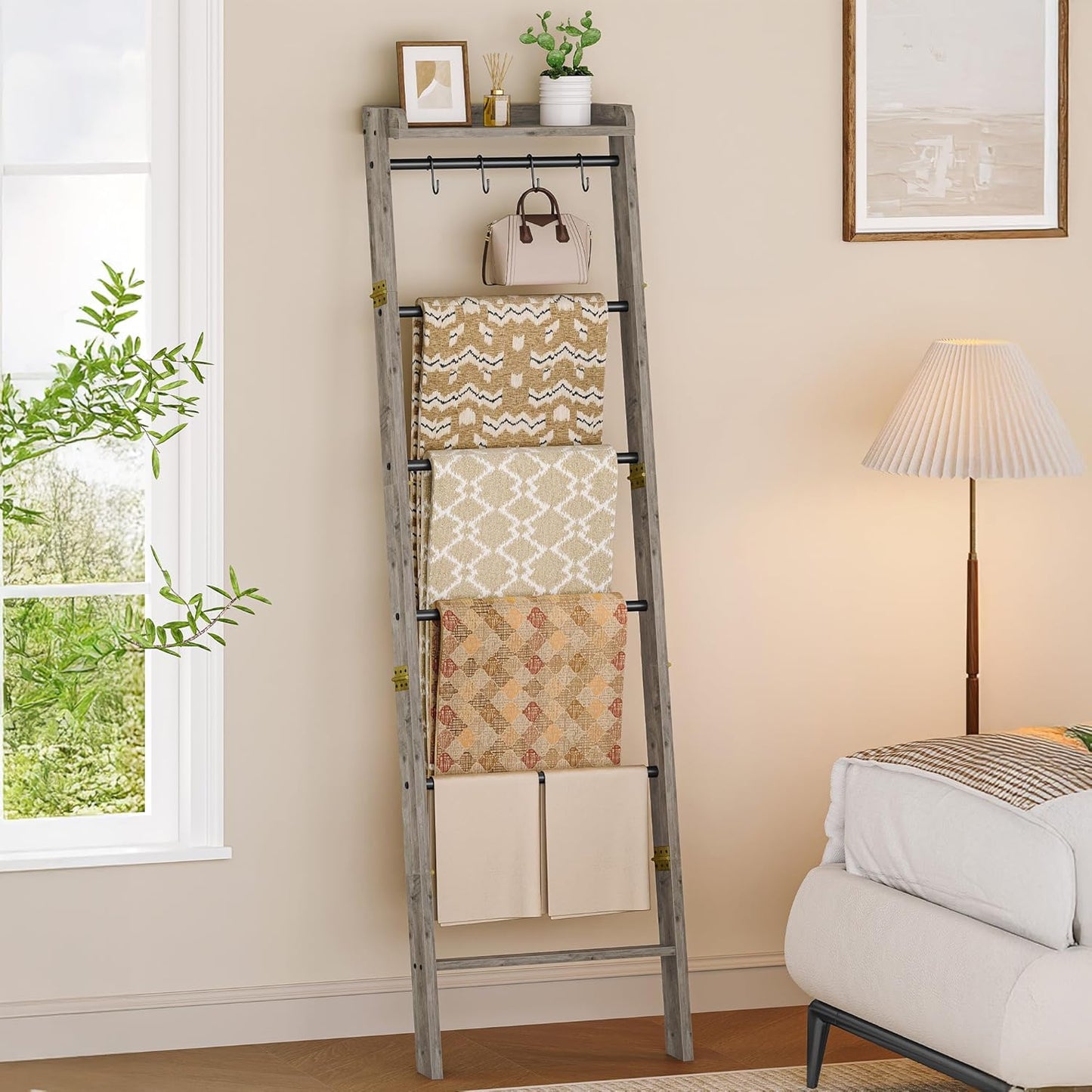 Hzuaneri Blanket Ladder Shelf, Decorative Quilt Rack, 6-Tier Farmhouse Ladder Holder Organizer with 4 Removable Hooks 7.9" D x 17.3" W x 63.4" H, Rustic Brown BR35801B