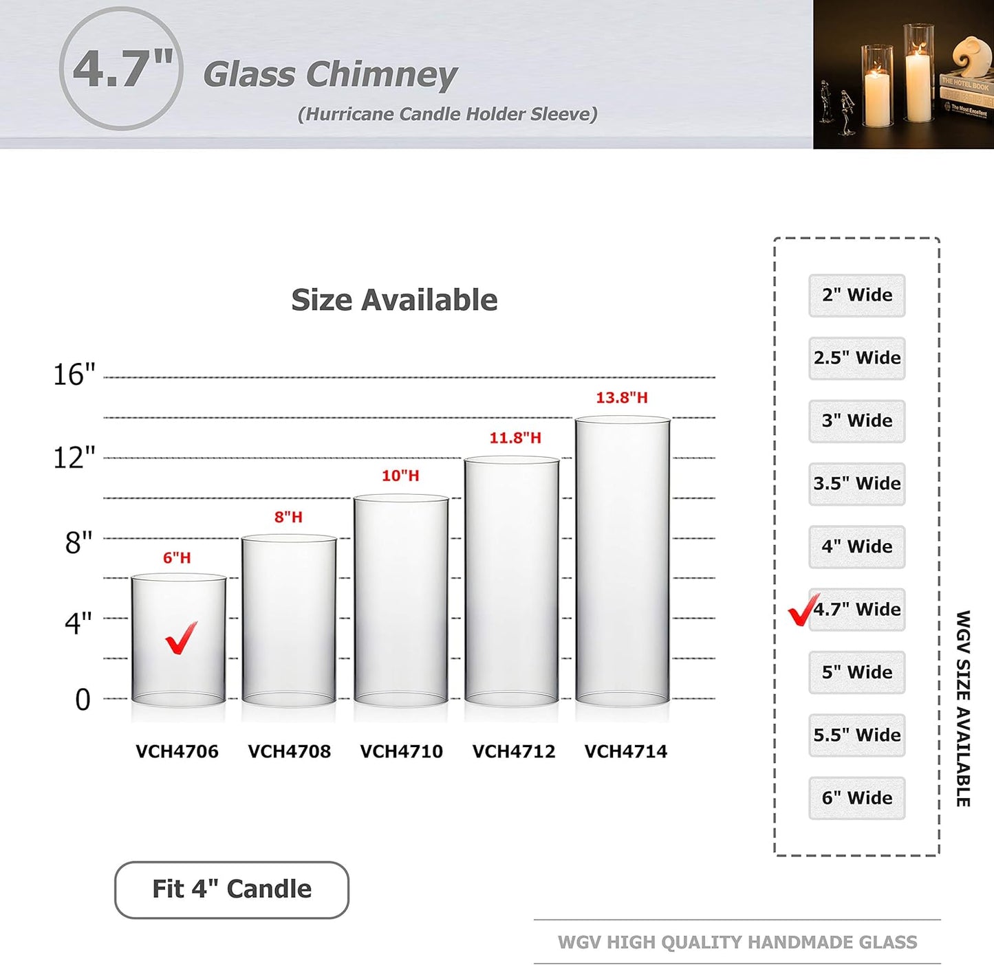 WGVI Hurricane Candle Holder Sleeve, Wide 4", Height 10", Clear Glass Cylinder Candleholder, Chimney Tube, Open Ended Candle Shade, 1 Piece - Colors A