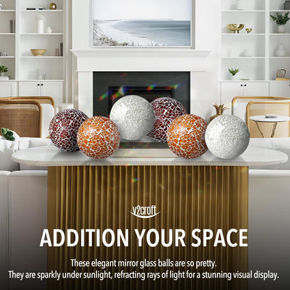 2.4 in Decorative Orbs Glass Balls Set of 6,Mosaic Sphere Globe for Whole Housewares,Wedding/Birthday,Bowls,Vases Dining Table Centerpieces (Gold)