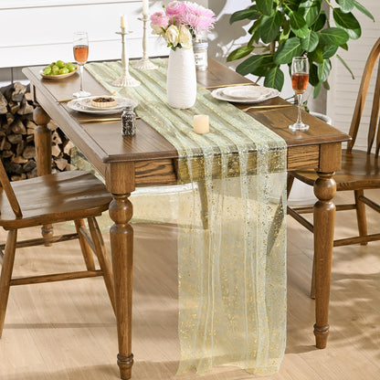 Artoid Mode Beige Gold Gauze Table Runner 120 Inch 10FT, Glitter Metallic Foil Sheer Dining Wedding Anniversary Holiday Birthday Table Decor for Home Party