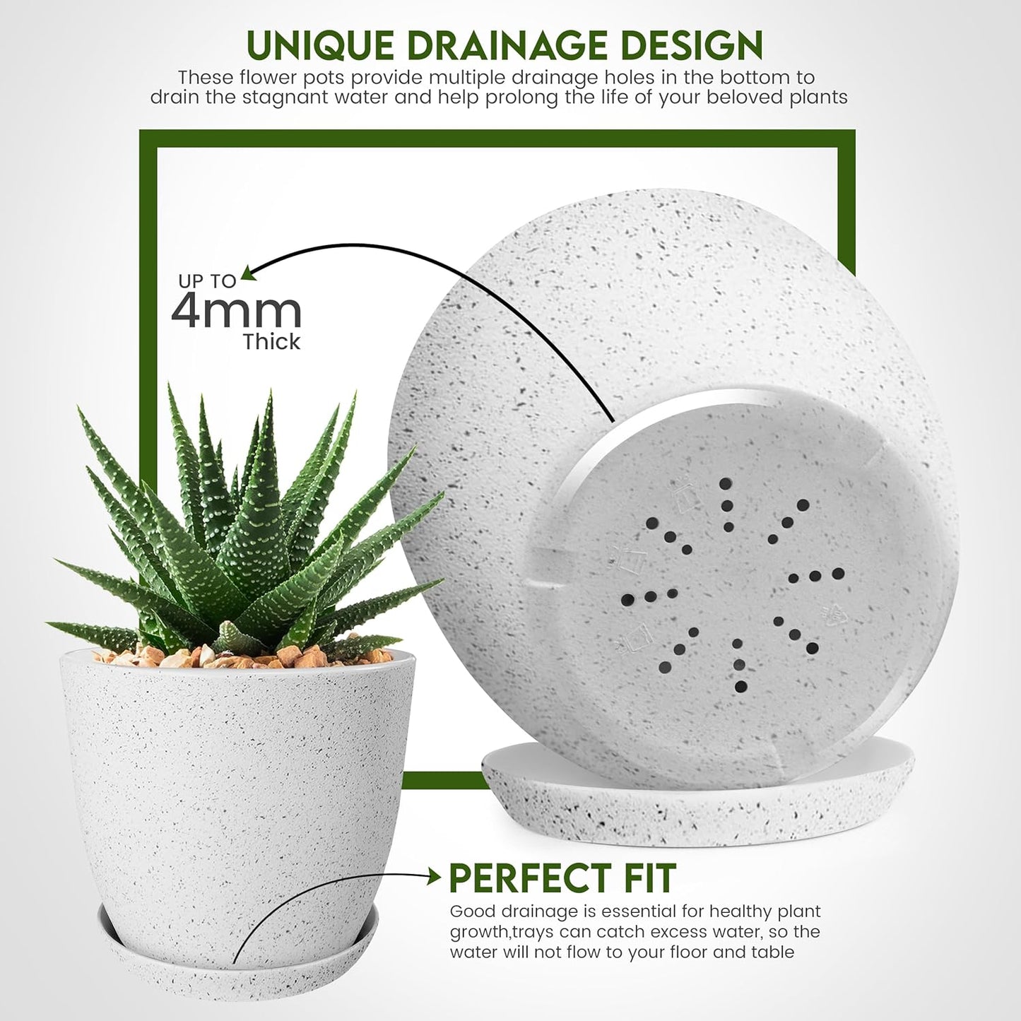Utopia Home Plant Pots Indoor with Drainage Holes – Set of 5 White Plastic Flower Pots (7/6.6/6/5.3/4.8 Inch) – Modern Planters for Indoor Plants, Room & Office Décor, Great Stocking Stuffers