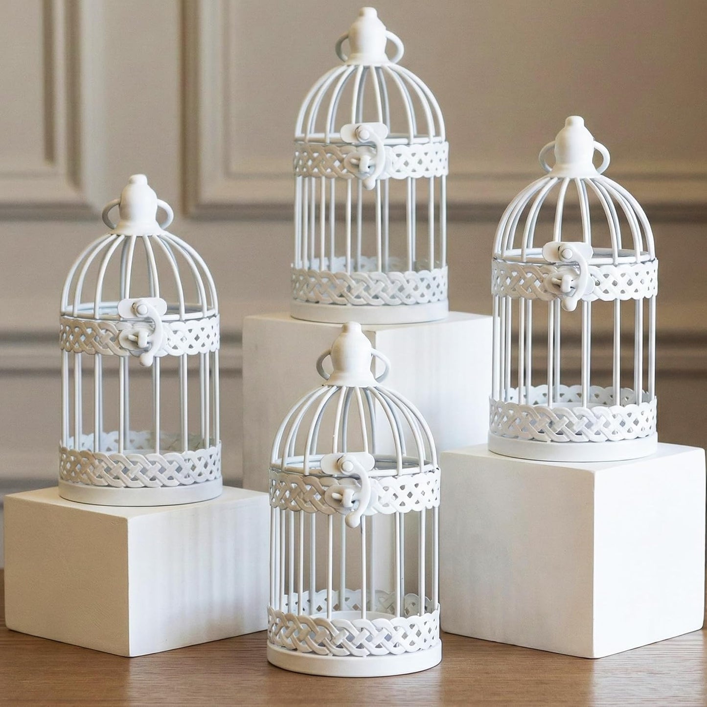 Vela Lanterns Bird Cage Decor Candle Holder Lantern Decorative Wedding Table Centerpiece Decorations, White, Small, Set of 4
