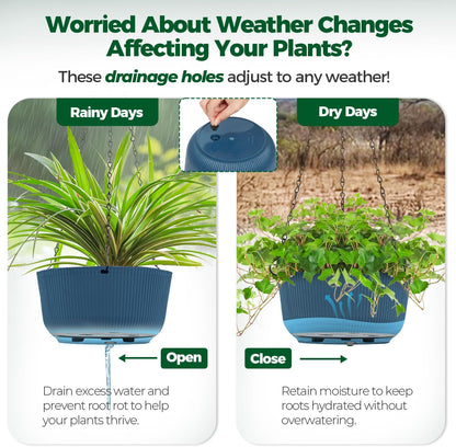 T4U 10 Inch Hanging Planters for Indoor Plants, 2 Pack White Self Watering Hanging Plant Pot, Hanging Pots Set with Drainage Hole & Plug & Chain with 3 Hooks for Garden Home Decor