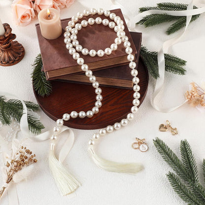 Quelay 58 Inch Pearl Glass Bead Garland 16mm with Tassels Elegant Boho Wedding Table Decor Healing Bead Prayer Fringe Wall Shelf Hanging for Wedding Party Farmhouse Rustic Home Decoration(Beige)