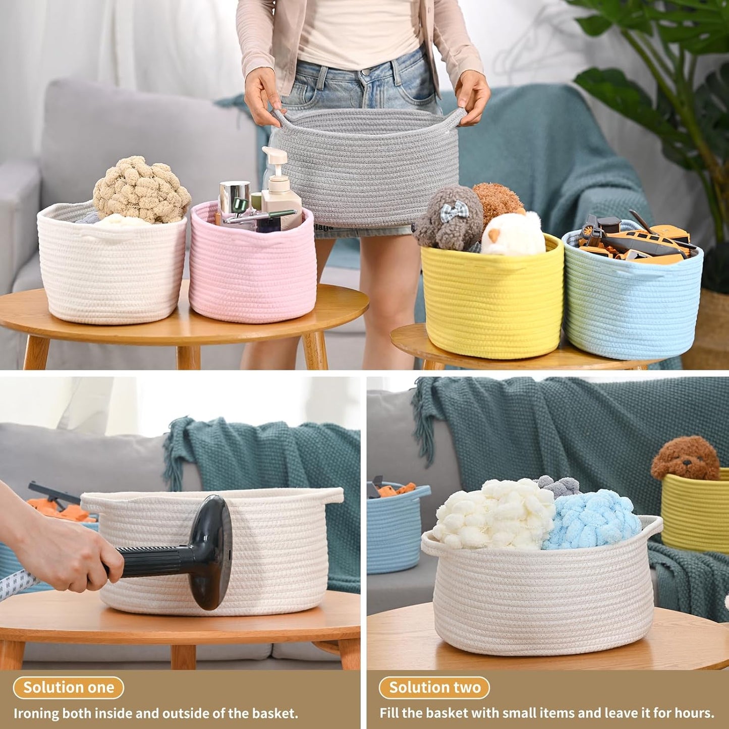 Happyiren Medium Woven Cotton Rope Basket with Handle Empty Decorative Gift Basket for Baby Shower, Graduation, Mother's Day, Nursery Storage 13" Dia x 8" W x 6" H