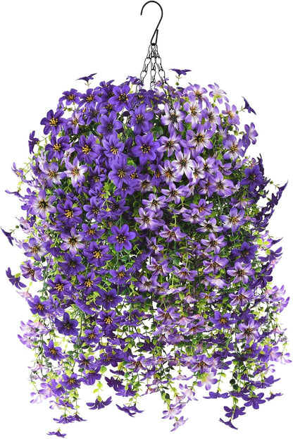 INQCMY Artificial Fake Hanging Plants Flowers Basket for Spring Summer Outdoor Outside Porch Decoration,UV Resistant Faux Silk Violet in Planter for Home Patio Balcony Garden Yard Decor(Red)