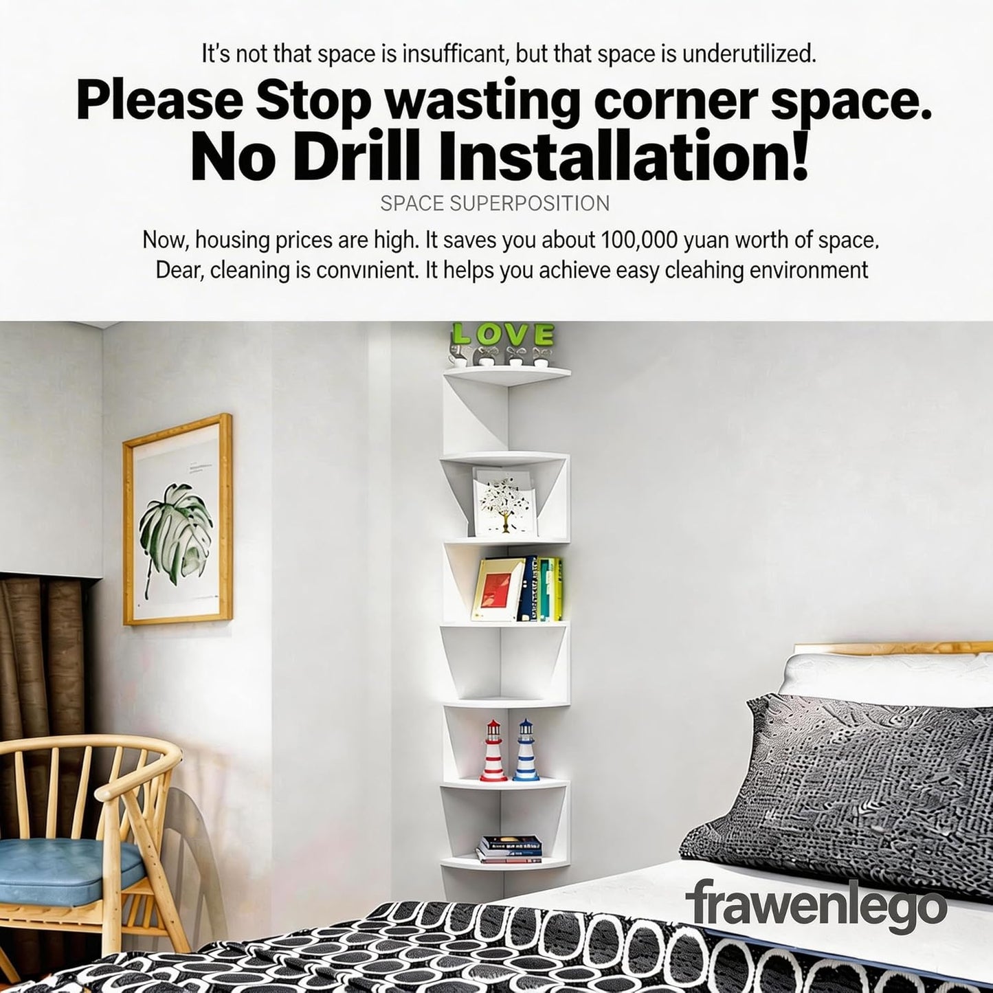 No-Drill Corner Shelf Wall Mount, 5-Tier Floating Corner Bookshelf with Hooks, Space-Saving Zigzag Plant Shelf for Bedroom, Living Room, Bathroom, Home Office