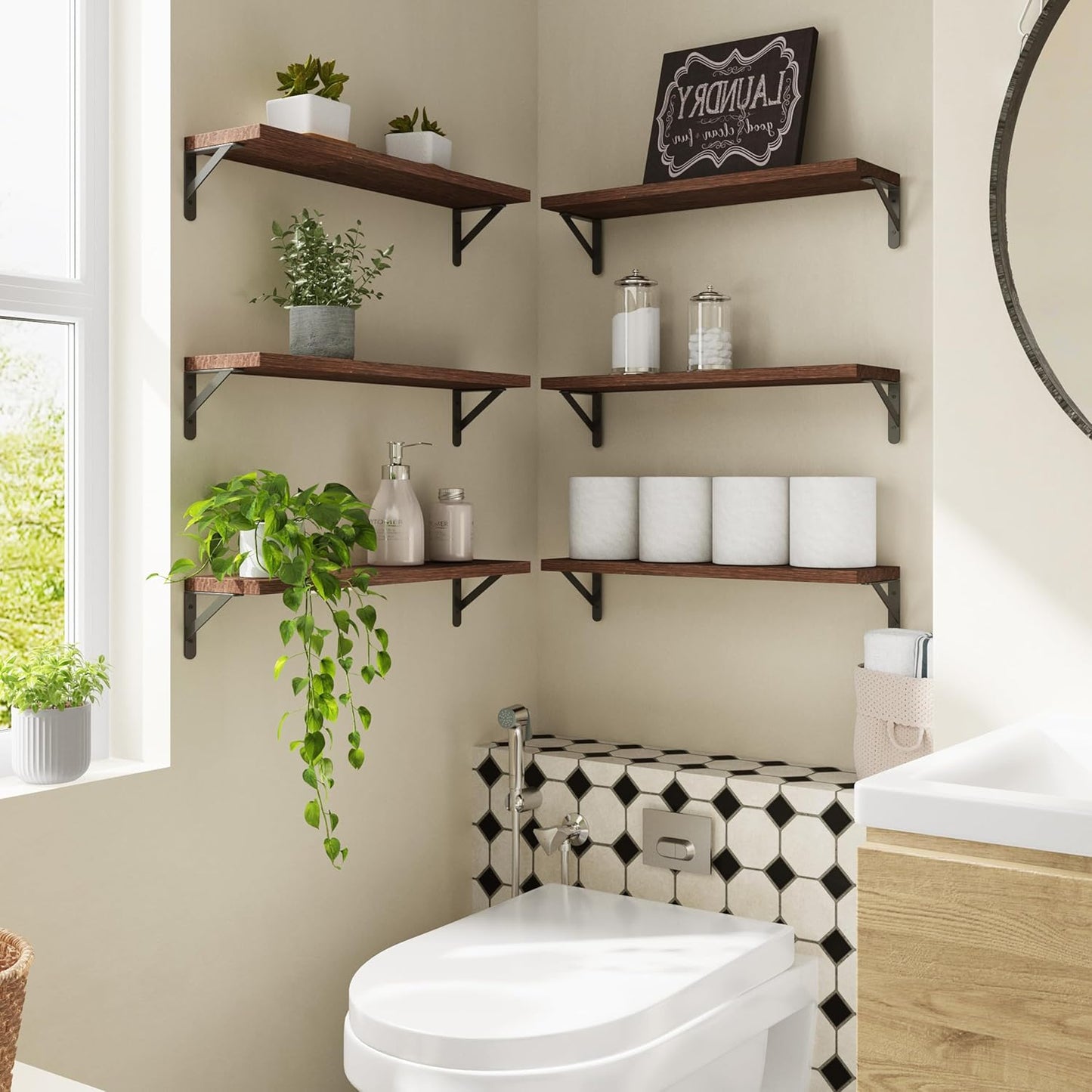 YGEOMER Brown Floating Shelves for Wall, 16.5 Inch Farmhouse Wall Shelves for Bedroom, Bathroom Storage, Living Room and Kitchen Decor (Set of 6 Brown)