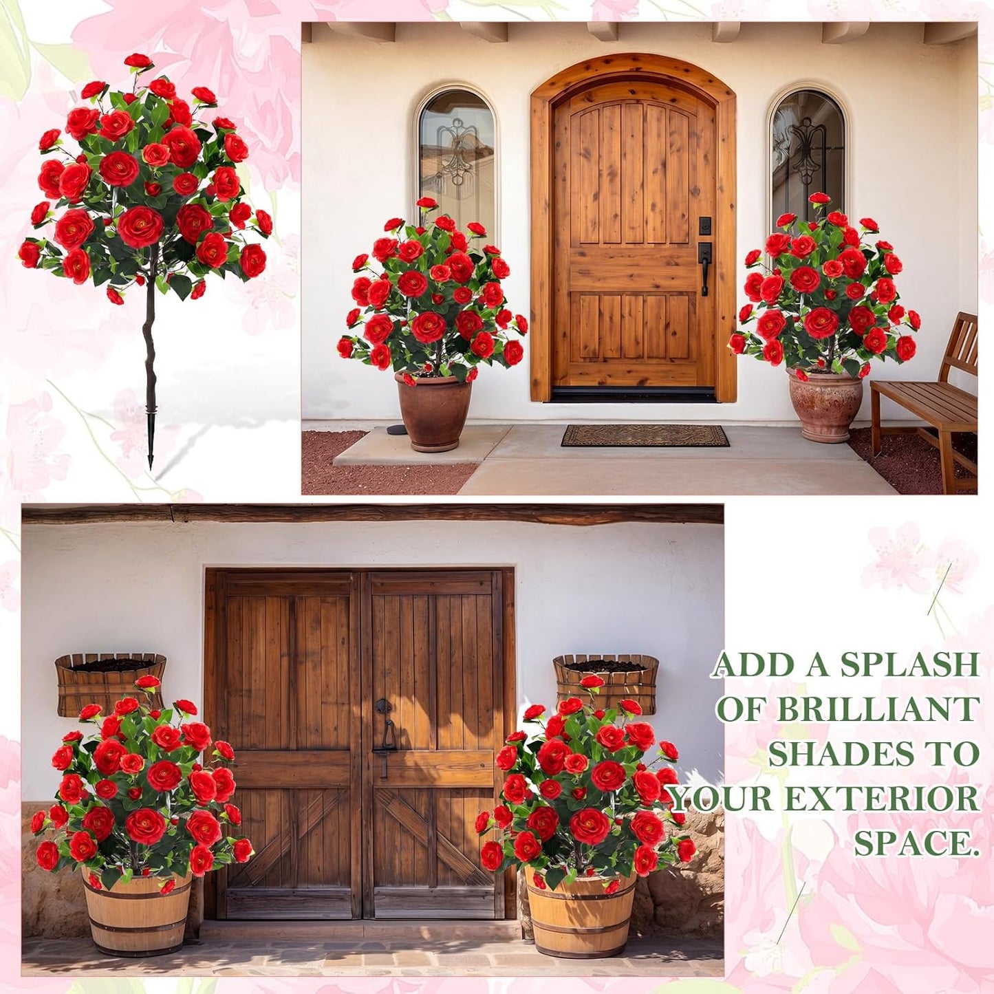 Lunmon 2 Pack 3ft Artificial Camellia Plants Tree 36" Faux Camellia Flower with Spike UV Resistant Realistic Fake Floral Blooming Bush for Indoor Outdoor Front Door Porch Backyard Garden, Purple