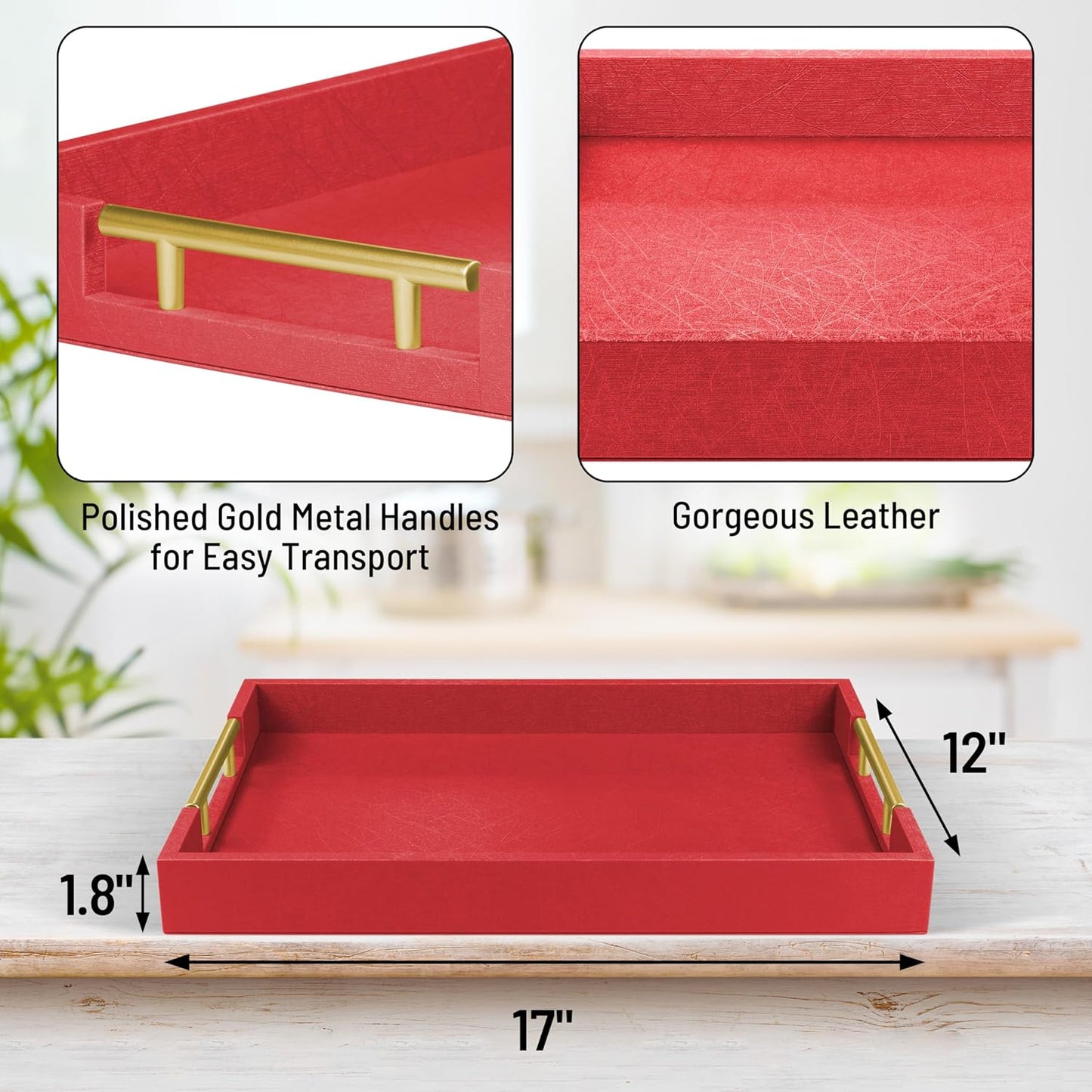 ATZYmolin 17" x 12" Wood Serving Tray with Gold Polished Metal Handles, Home Decorative Wooden Rectangle Ottoman Leather Decor Platter Bathroom Vanity Tray for All Occasions White