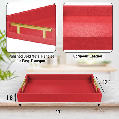 ATZYmolin 17" x 12" Wood Serving Tray with Gold Polished Metal Handles, Home Decorative Wooden Rectangle Ottoman Leather Decor Platter Bathroom Vanity Tray for All Occasions White