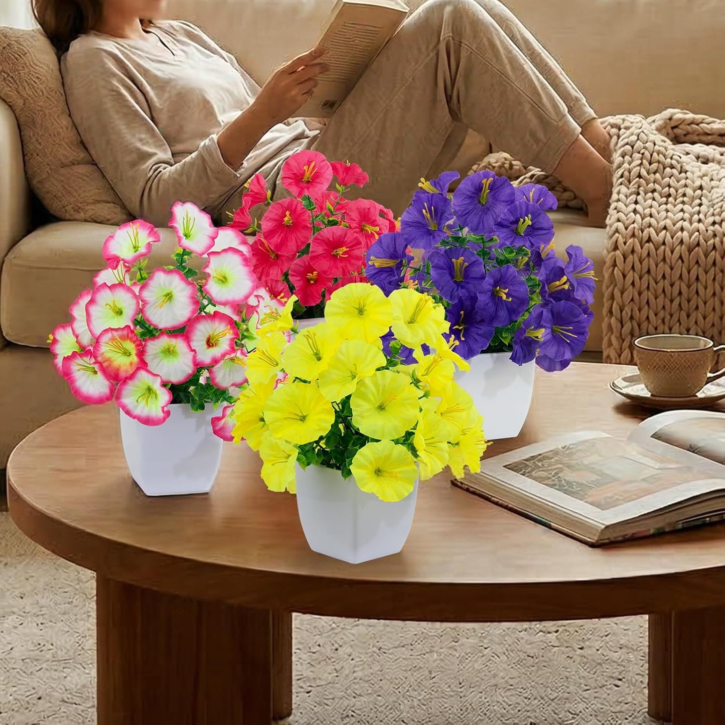 LOYWREE 4 Pack Small Artificial Mums Flowers in White Pots, Fake Mini Potted Plants, Spring Floral Decor for Home Bathroom Shelves Office Desk Table Centerpiece Indoor Decoration