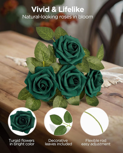 InnoGear Artificial Flowers, 50 Pcs Dark Red Foam Fake Roses Bulk with Stems for Mother's Gift Decoration Celebration DIY Wedding Bouquets Centerpieces Bridal Shower Party Christmas Tree